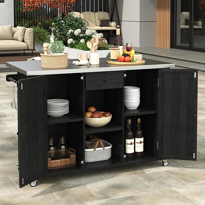 52.25" W Outdoor Kitchen Island Patio Grill Cart with Stainless Steel Tabletop, Storage Cabinet for BBQ, Bar