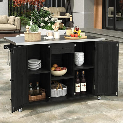 52.25" W Outdoor Kitchen Island Patio Grill Cart with Stainless Steel Tabletop, Storage Cabinet for BBQ, Bar