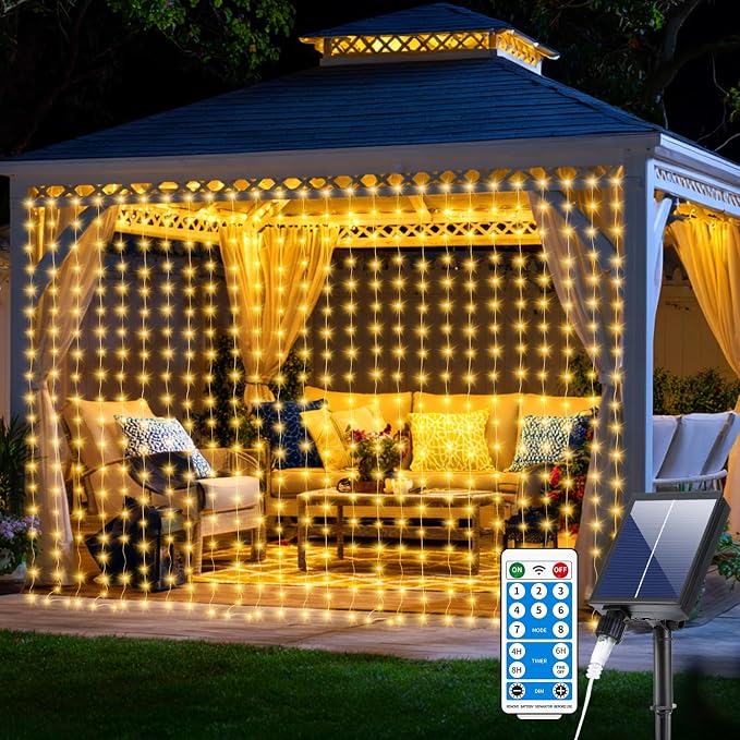 Upgraded Solar Curtain Lights 10x10Ft 300LED Solar Powered Waterfall Lights for Patio Gazebo Backdrop Wedding Party with USB Rechargeable Remote Timer Hanging Twinkle Fairy String Lights