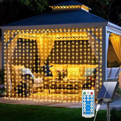 Upgraded Solar Curtain Lights 10x10Ft 300LED Solar Powered Waterfall Lights for Patio Gazebo Backdrop Wedding Party with USB Rechargeable Remote Timer Hanging Twinkle Fairy String Lights