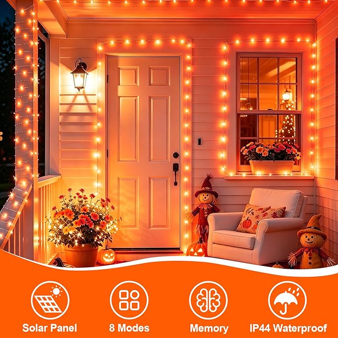 YEGUO Orange Solar Thanksgiving Lights Outdoor Waterproof, 4 Pack Each 33ft 100 LED Solar Fairy Lights, 8 Modes Solar String Lights