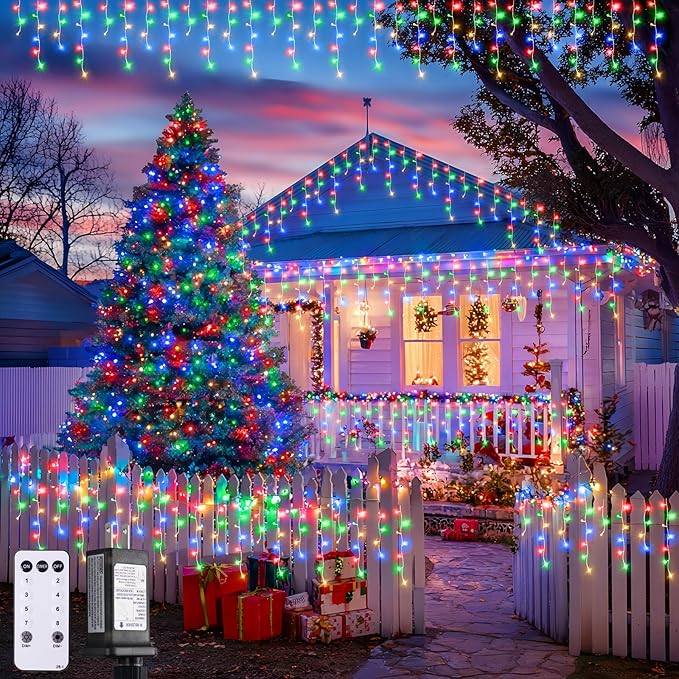 JMEXSUSS Multicolor Icicle Christmas Lights with Remote, 400 LED 38.8Ft | Connectable String Lights Outdoor Plug in, 8 Modes Icicle Lights for Outside Christmas House Yard Patio Eave Decorations