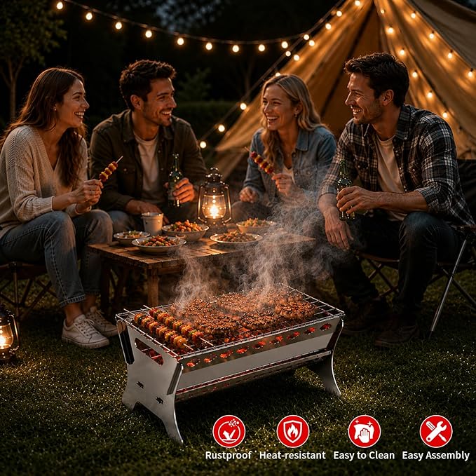 Portable Charcoal Grill, Stainless Steel Folding BBQ Grill, Heavy Duty Camping Fire Pit, Tabletop Charcoal Grills for Outdoor Cooking, Picnic, Tailgate, Beach, Backyard, 17 * 10.3 * 8.7 inch