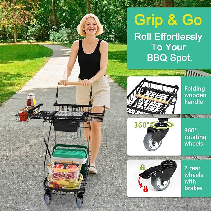 NADAMOO Foldable Charcoal Grill Cart with Rolling Wheels & Storage, Instant Fold Portable BBQ Trolley for Outdoor Barbecue, Travel, Camping, Picnics, Party, Backyard