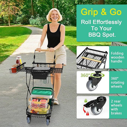 NADAMOO Foldable Charcoal Grill Cart with Rolling Wheels & Storage, Instant Fold Portable BBQ Trolley for Outdoor Barbecue, Travel, Camping, Picnics, Party, Backyard