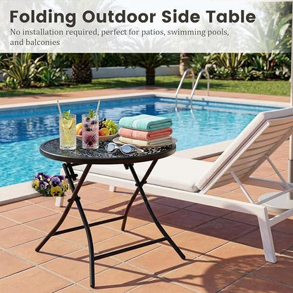 TeoKJ Folding Small Outdoor Side Table, No Assembly Patio Metal Desk, Black | Metal Round Anti Rust Patio Table, Small Nightstand with Flower Cutouts, for Porch Yard, Balcony, Lawn, Pool, Lightweight