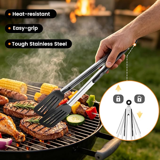 Silicone Spatula Set for Cooking BBQ with 12" Grill Tongs Large Turner-4Pcs | Wide Pancake Steak Burger Spatulas, Heat Resistant Scratch-Free Kitchen Griddle Utensils Barbecue Tools for Nonstick Cookware