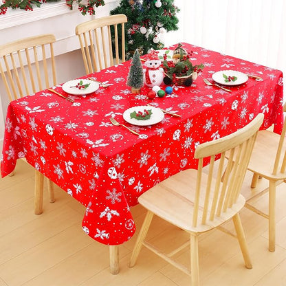 Smiry Christmas Rectangle Table Cloth, Waterproof Vinyl Tablecloth with Flannel Backing, Wipeable Bell & Snowflake Plastic Tablecloths for Christmas Table Decorations, (52"x70", White & Red)