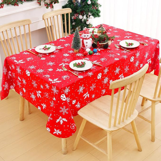 Smiry Christmas Rectangle Table Cloth, Waterproof Vinyl Tablecloth with Flannel Backing, Wipeable Bell & Snowflake Plastic Tablecloths for Christmas Table Decorations, (60"x84", White & Red)