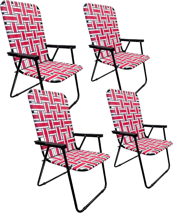 Lawn Chair Folding Steel Webbing Chaise Patio Lounger Seat Wood Handles Great for Camping, Beach, Fishing, Backyard, Stadium, Pool, Boating, and Sports 4 Pack Red/Blue