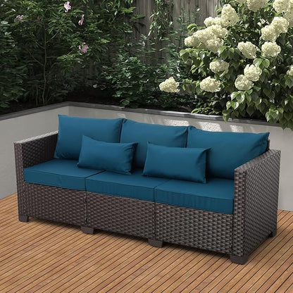 Rattan Star Outdoor Couch 3 Seater Sofa Outdoor Furniture Deep Seat High Backrest Patio Couch with Non-Slip Cushions and Waterproof Cover, Peacock Blue