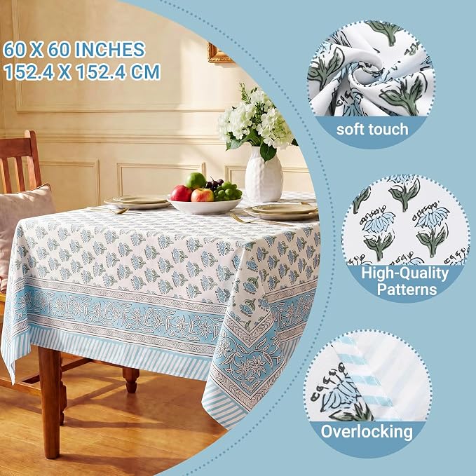 Block Print Tablecloth, 60 x 60 inch Fabric Square Table Cover Flower Table Cloth for Mahjong Weddings Spring Summer and Barbeque Farmhouse Dining Dinner Tablecloth(Style A,Blue)