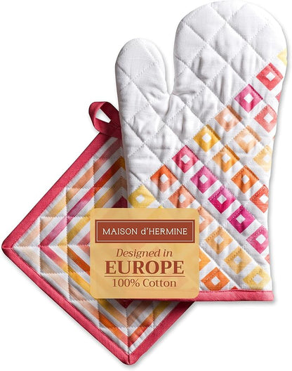 Maison d' Hermine 100% Cotton Oven Mitt & Pot Holder Set (7.5"x13" & 8"x8") Heat Resistant BBQ Cooking Gloves with Loop Baking Grilling Kitchen Hotel Home Farmhouse Spring Summer (Summer Maze)