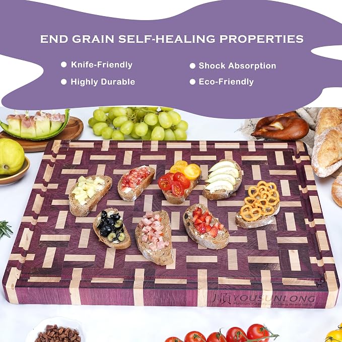 YOUSUNLONG End Grain Cutting Board - 20"L x 16"W Purple Heart Wood Chopping Board -1.5 Inch Thick with Juice Groove and Hand Grip - Butcher Block,Barbecue Tray,Cooktop Board,Cheese Board