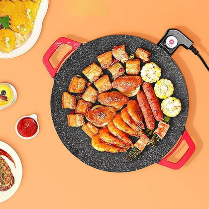 Electric Smokeless Grill, Non-Stick BBQ Griddle with Temperature Control, Round Cooking Surface with Red Handles, Indoor Barbecue Pan for Meat and Seafood (15.7)