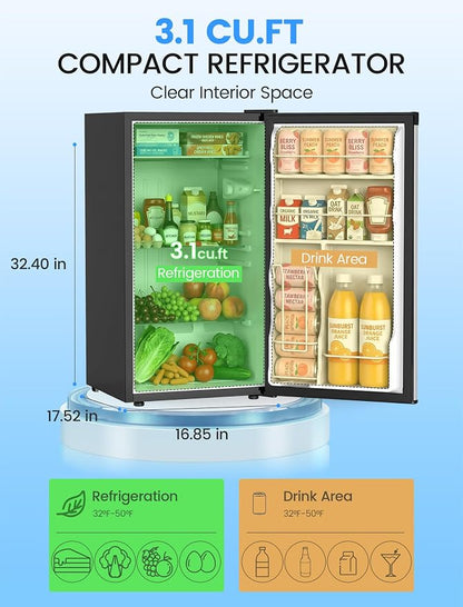 COWSAR 3.1 Cu.ft Mini Fridge, Compact Dorm Size Refrigerator with Reversible Single Door, Adjustable Thermostat, Energy Saving, Commercial Small Fridge for Bedroom Apartment Office, Silver