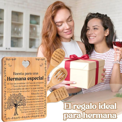 Regalos de cumpleaños para Hermana - "Receta para una Hermana especial". Juego de tablas de cortar y utensilios de bambú grabados. Regalos de cumpleaños para Hermana. Spanish Sister Cutting Board