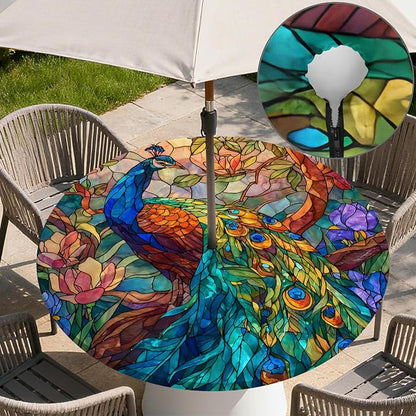 Outdoor Tablecloth with Umbrella Hole and Zipper Fits 32-36" Tables | Waterproof Round Fitted Tablecloth with Elastic Edge, Wipeable Outdoor Table Cover for Patio, Garden, Picnic