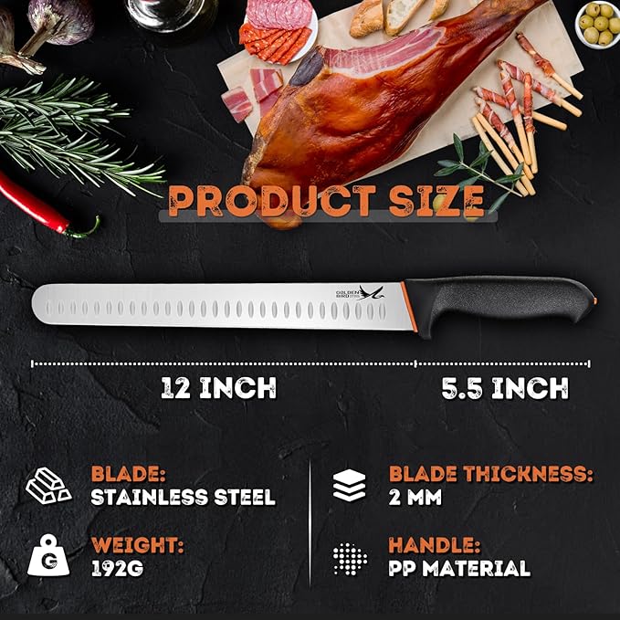 Golden Bird Professional Brisket Knife - 12 Inch Multifunction Carving Knife, Razor Sharp Stainless Steel Slicing Knives, Granton Edge Brisket Trimming Knives