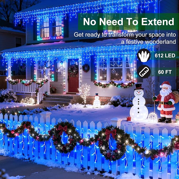 612 LED 60FT Christmas Lights, 136 Drops Icicle Lights with 12 Modes | Blue Icicle String Lights with Timer and Dimming for Eaves, Porches, Windows, Gazebos and Wedding Backdrops