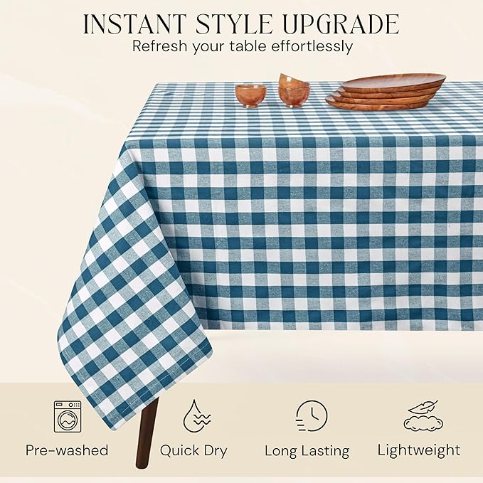 Gingham Buffalo Check 60"x84" Tablecloth 100% Cotton Washable Rustic Rectangle Table Cover Decorative for Gifts, Dining, BBQ, Buffet Parties & Camping - Teal