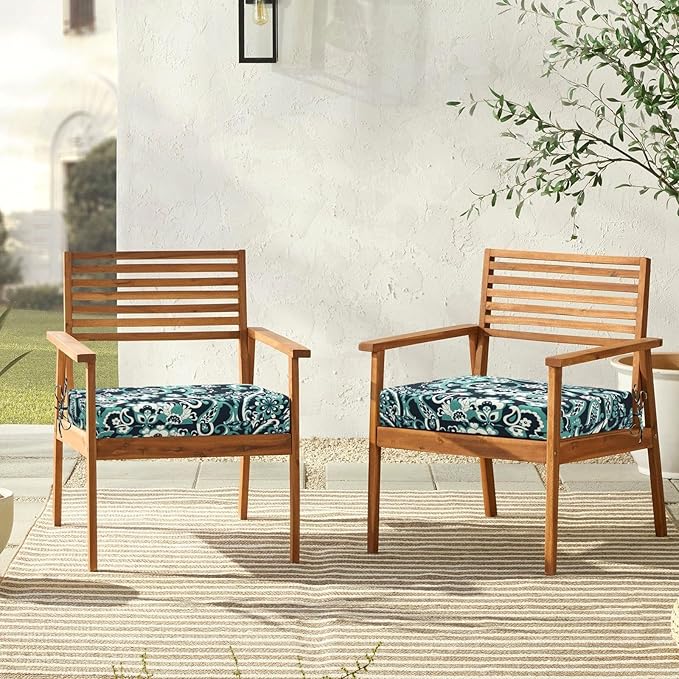 downluxe Outdoor Chair Cushions Set of 6 for Patio Furniture, Water-Resistant Square Corner Patio Chair Cushions with Ties, High Density Foam Outdoor Seat Cushion, 18.5" X 16" X 3", Green Paramecium