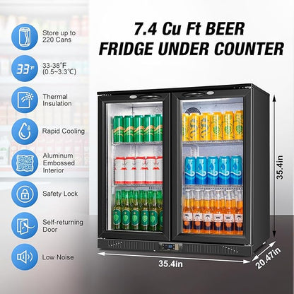 Beverage Refrigerator Under Counter, Back Bar Cooler with 2 Glass Door, Commercial Display Fridge 35.42 Inch Wide 7.4 Cu.Ft, Drink Fridge for Beer Soda Wine, Beverage Cooler for Kitchen Shop Bar