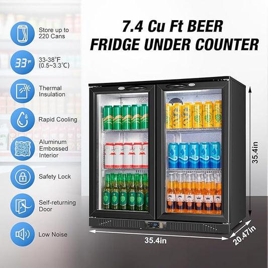 Beverage Refrigerator Under Counter, Back Bar Cooler with 2 Glass Door, Commercial Display Fridge 35.42 Inch Wide 7.4 Cu.Ft, Drink Fridge for Beer Soda Wine, Beverage Cooler for Kitchen Shop Bar
