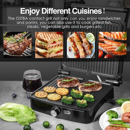 OSTBA Panini Press Grill, 4-Slice Sandwich Maker with Nonstick Plates | 1200W Heating with Adjustable Temperature, 180° Opening, Drip Tray, Stainless Steel, Easy Cleanup