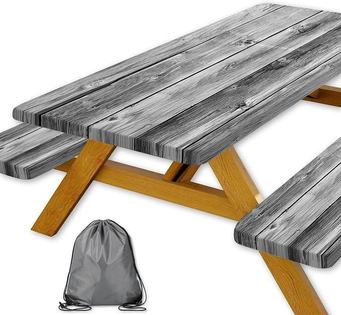 Vintage Wooden Picnic Table Cover with Bench Covers and Bag, Camping Essentials, Gray Wood Camping Table Cover with Elastic Edges for Indoor, Outdoor, Garden, 3 Pcs, 30x96 Inch