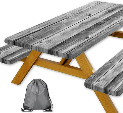 Vintage Wooden Picnic Table Cover with Bench Covers and Bag, Camping Essentials, Gray Wood Camping Table Cover with Elastic Edges for Indoor, Outdoor, Garden, 3 Pcs, 30x96 Inch