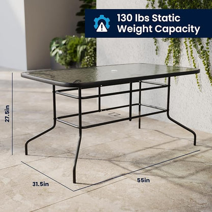 Flash Furniture Lila 5 Piece Patio Dining Set - 55" Tempered Glass Patio Table with Umbrella Hole - 4 Black Metal Aluminum Slat Stack Chairs