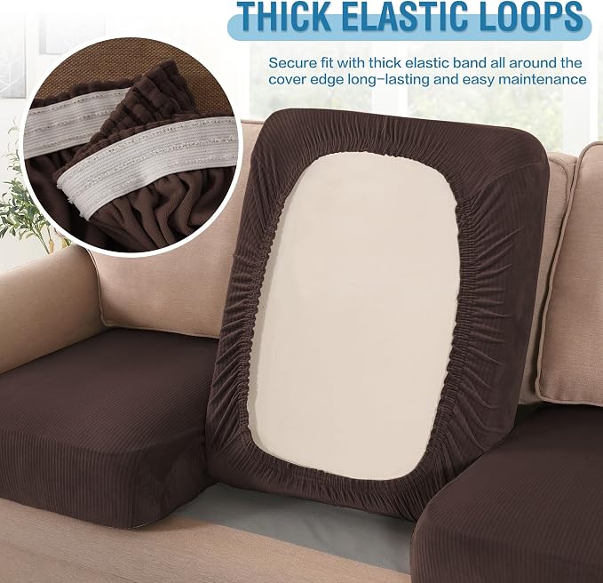 H.VERSAILTEX Velvet Stretch Couch Cushion Cover Plush Cushion Slipcover for Chair Loveseat Sofa Cushion Furniture Protector Seat Cushion Sofa Cover (3 Piece XL Sofa Cushion Covers, Brown Striped)