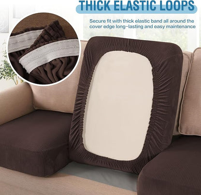 H.VERSAILTEX Velvet Stretch Couch Cushion Cover Plush Cushion Slipcover for Chair Loveseat Sofa Cushion Furniture Protector Seat Cushion Sofa Cover (3 Piece Sofa Cushion Covers, Brown Striped)