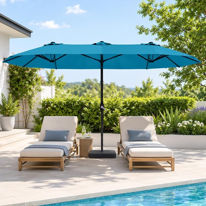 DomeShade 15FT Extra Large Patio Umbrella with Base, Double-Sided Outdoor Rectangular Market Umbrella with Stand,Heavy Duty Outside Sun Umbrella for Backyard,Poolside,Patio Furniture,Teal Blue