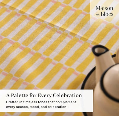 100% Cotton Hand Block Printed, Tablecloth for Kitchen, Dining, Table Cover for Parties, Chritmas, Weddings, Barbecues and Summer picnics Table Cloth (Yellow & Pink, 60" x 90")
