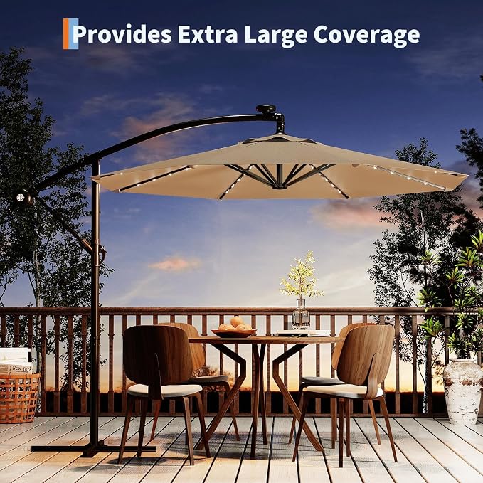 Garvee 10FT Solar Lights Offset Patio Umbrella with Cross Base, Tan | Cantilever Umbrella with Easy Lift & Tilt Adjustment, 8 Ribs Sun umbrella UV Protection for Backyard, Pool, Garden