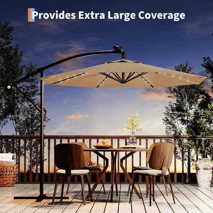 Garvee 10FT Solar Lights Offset Patio Umbrella with Cross Base, Tan | Cantilever Umbrella with Easy Lift & Tilt Adjustment, 8 Ribs Sun umbrella UV Protection for Backyard, Pool, Garden