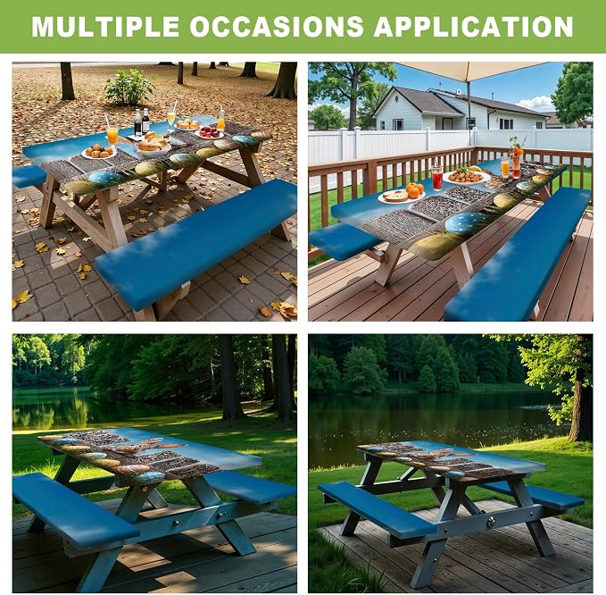 ANNA QUEEN Easter Outdoor Scene 6FT Picnic Table Cover with Bench Covers Set of 3 with Drawstring Bag, Bunny Fence Easter Eggs 72"x30" Waterproof Picnic Tablecloth & Bench Covers