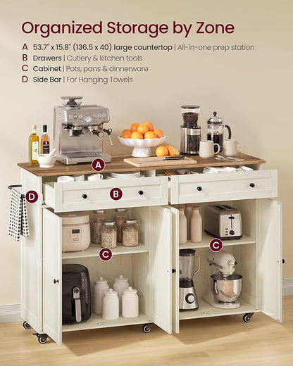 VASAGLE Mobile Kitchen Island, Portable Island on Wheels, Mobile Cart with Storage Cabinet for Dinning Room, 15.8 x 53.7 x 35.1 Inches, Rustic White and Honey Brown UKKI016WJ01S