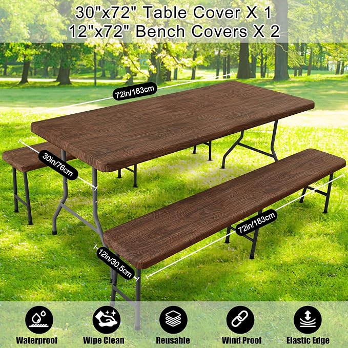 Smiry Picnic Table Cover with Bench Covers, Waterproof Elastic Fitted Tablecloth for 6 Foot Tables, Washable Polyester Tablecloths for Camping, Indoor & Outdoor (Brown, 30x72 Inch 3-pc Set)