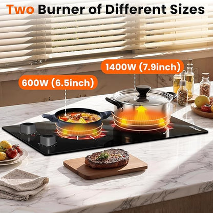 2 Burner Electric Cooktop - 12 Inch 2000W Electric Stove Built-in & Countertop, Two Burner Ceramic Cooktop with Knob Control, 9 Power Level, Over Heat Protection, 110-120V Plug in (Grey Konb)