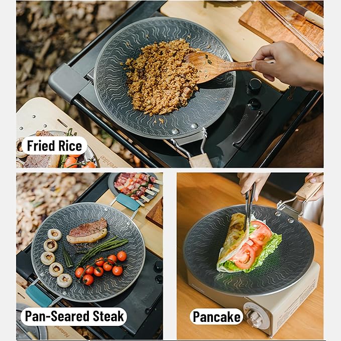 windhike Naturehike Griddle Pan with Foldable Handle, 11" Non Stick Flat Grilling Skillet for Indoor Outdoor, Honeycomb Coating Stainless Steel Crepe Pan for Korean Barbecue, Camping (11.7-inch)