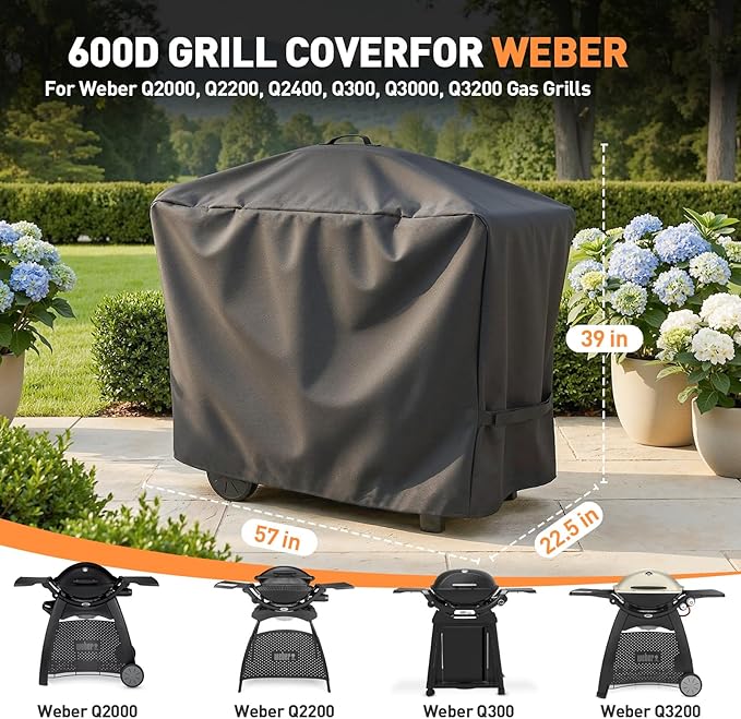 57 Inch Grill Cover for Weber Q Grill, 7112 Grill Cover for Weber Q2000, Q2200, Q2400, Q300, Q3000, Q3200 Gas Grills, Heavy Duty Waterproof BBQ Gas Grill Cover, Straps for Fix with Handles, 600D