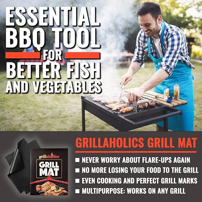 Grillaholics High Heat Resistant Grill Gloves + Vegetable Grilling Basket + Nonstick Grill Mat Bundle