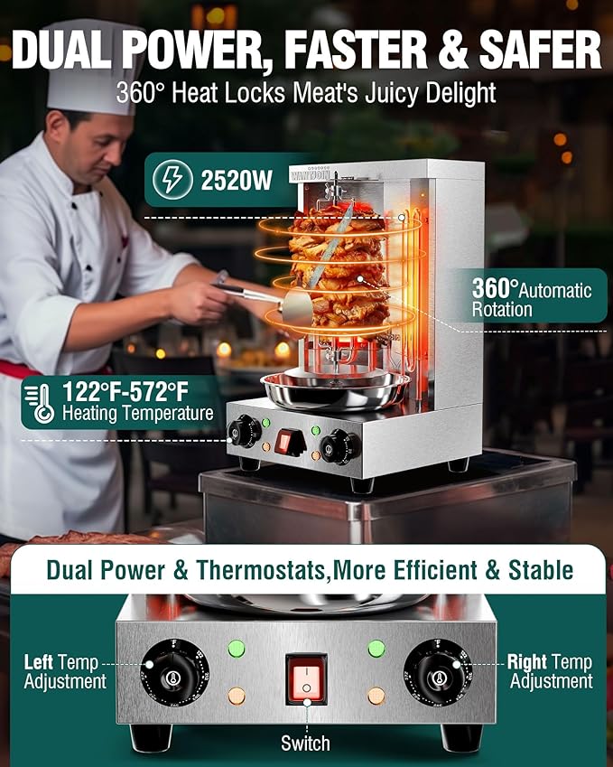 WantJoin Shawarma Grill Machine - 22 LBS Capacity Electric Shawarma Machine w/ 2 Burners, 122°F to 572°F Temp For Chicken, Beef, Gyro Meat, Stainless Steel Gyro Machine For Commercial Use, 2520W