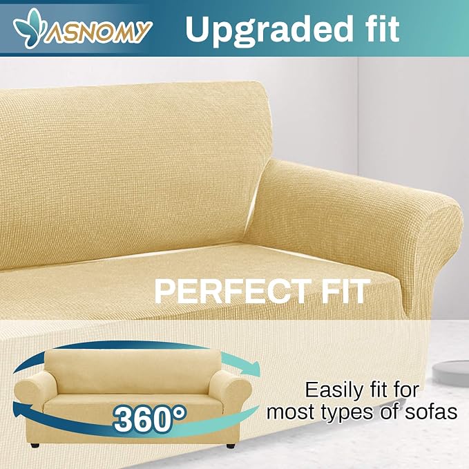 Asnomy Stretch Couch Covers for Sofa Washable, 3 Cushion Couch,Champagne | 1-Piece Sofa Covers(78"-94") 3-Seater Furniture Protector Soft Jacquard,Non-Slip Elastic Bottom For Dogs & Kids
