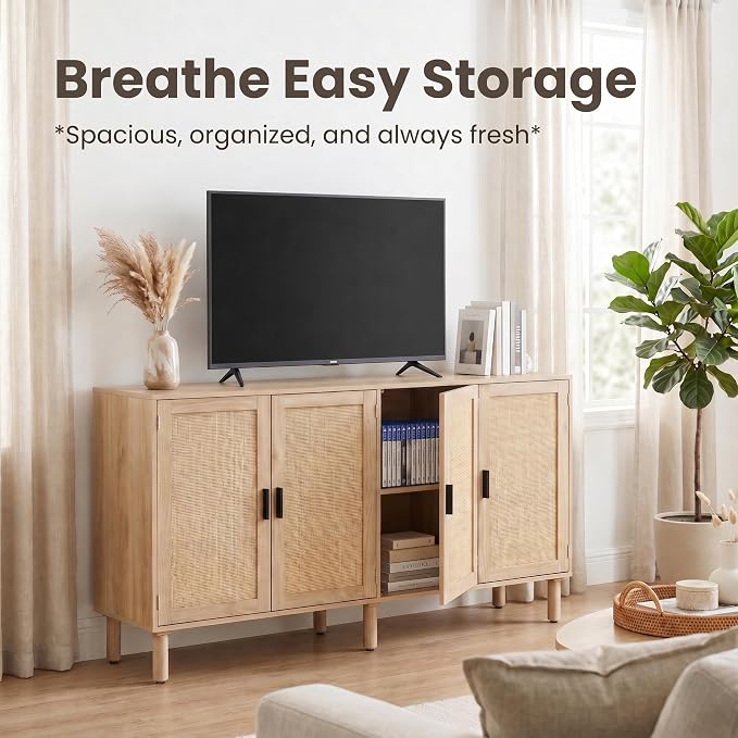 Finnhomy 4 Door Sideboard Buffet Cabinet, Kitchen Storage Cabinet with Rattan Decorated Doors, Cupboard Console Table, Boho Accent Liquor Cabinet for Home Bar, 62.3X 15.7X 34.6 Inches, Natural