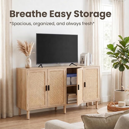 Finnhomy 4 Door Sideboard Buffet Cabinet, Kitchen Storage Cabinet with Rattan Decorated Doors, Cupboard Console Table, Boho Accent Liquor Cabinet for Home Bar, 62.3X 15.7X 34.6 Inches, Natural