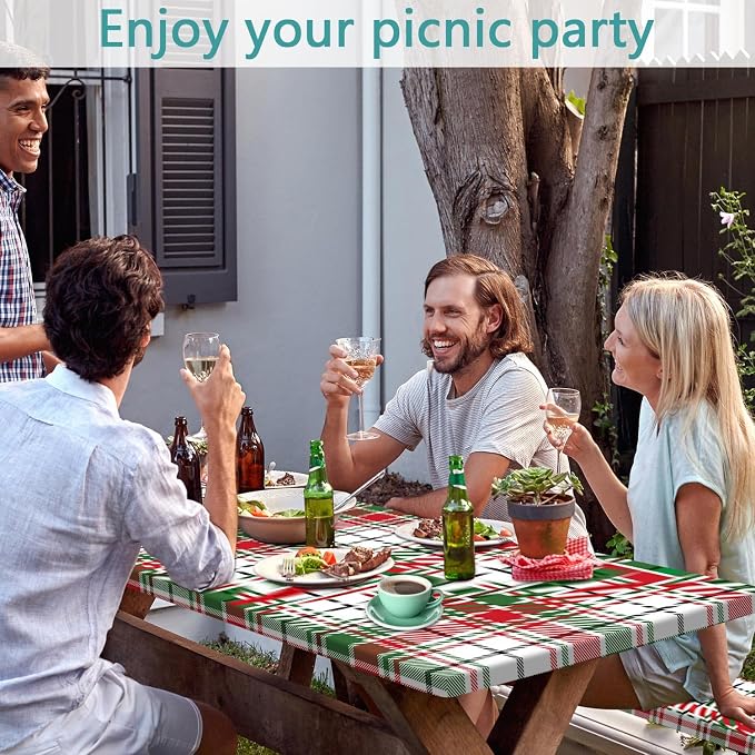 Red Green White Plaid Picnic Table Cover with Bench Covers and Bag, Camping Essentials, Water Resistant Windproof, Fitted Tablecloth Cover with Elastic Edge, for Indoor & Outdoor 3 PCS, 30x96 Inch